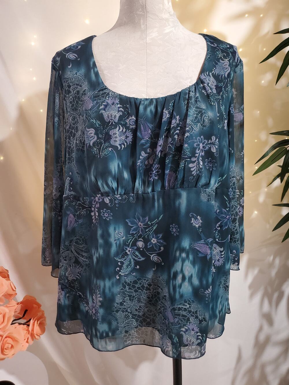Studio 1940 Vtg Y2K Floral Sparkle Sheer Babydoll Blouse Top Size 18/20W Fairy